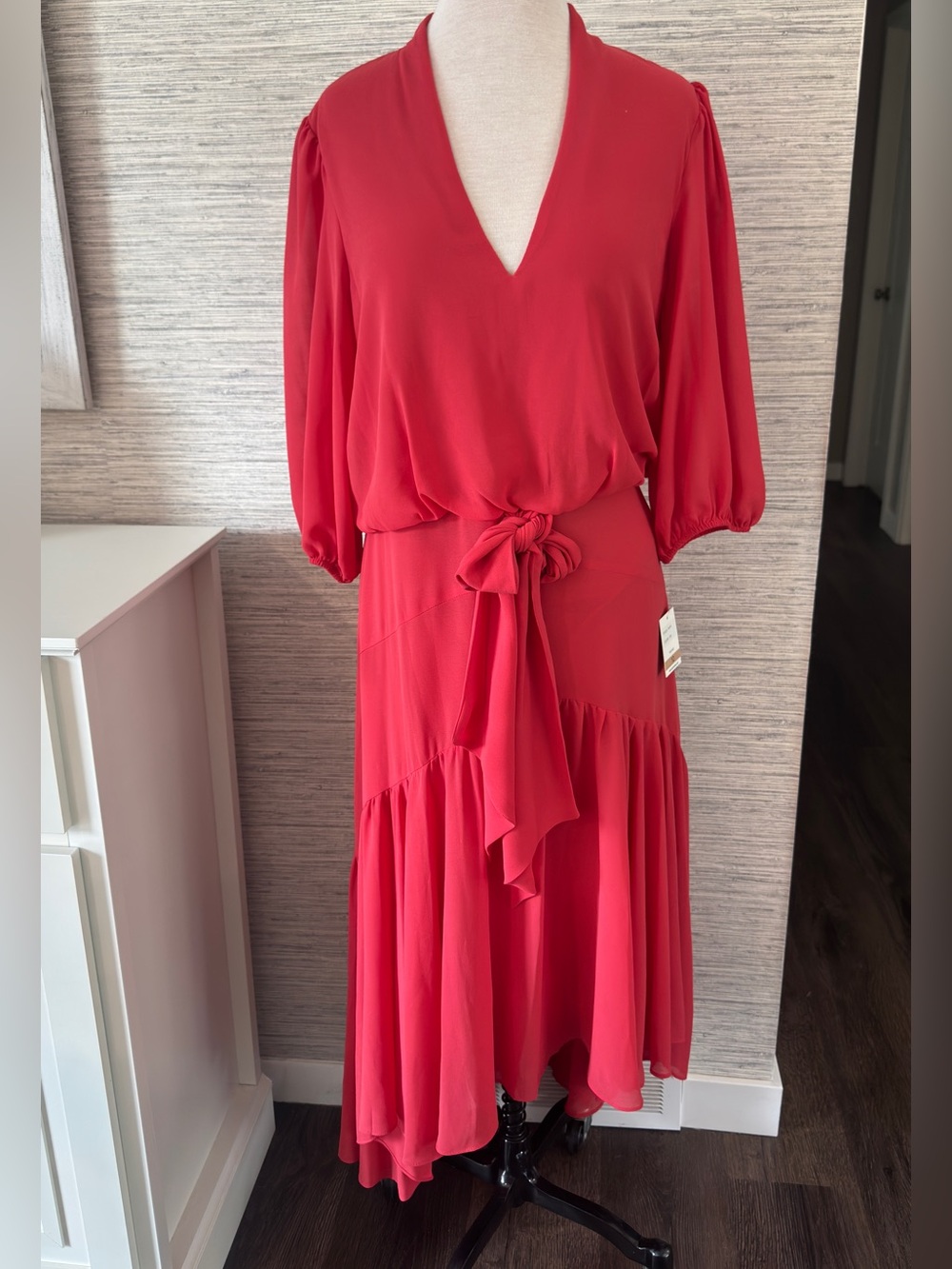 Taylor Red V-Neck Tie-Front Midi Dress sheer skirt lined dress Sz 12